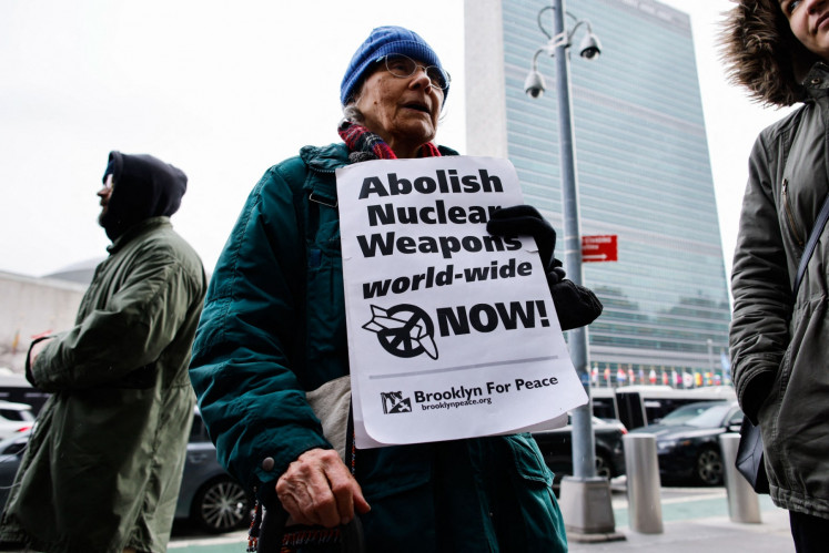 Antinuclear activists rally outside the United States Mission in front of the United Nations to mark the second anniversary of the entry into force of the Treaty on the Prohibition of Nuclear Weapons (TPNW) in New York, the US, on Jan. 20, 2023. The TPNW, the first legally binding international agreement to prohibit nuclear weapons, entered into force on Jan. 22, 2021.