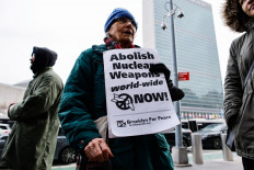 Antinuclear activists rally outside the United States Mission in front of the United Nations to mark the second anniversary of the entry into force of the Treaty on the Prohibition of Nuclear Weapons (TPNW) in New York, the US, on Jan. 20, 2023. The TPNW, the first legally binding international agreement to prohibit nuclear weapons, entered into force on Jan. 22, 2021.