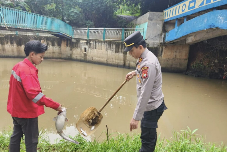 A police officer and local resident in South Tangerang collect dead fish from the Cisadane river following an industrial accident in early February 2026.