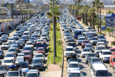 Seeking safety: Motorists block the highway as they flee their villages in southern Lebanon along the coastal road through the city of Sidon on March 2, 2026, as Israel extends its war against Iran into Lebanon.