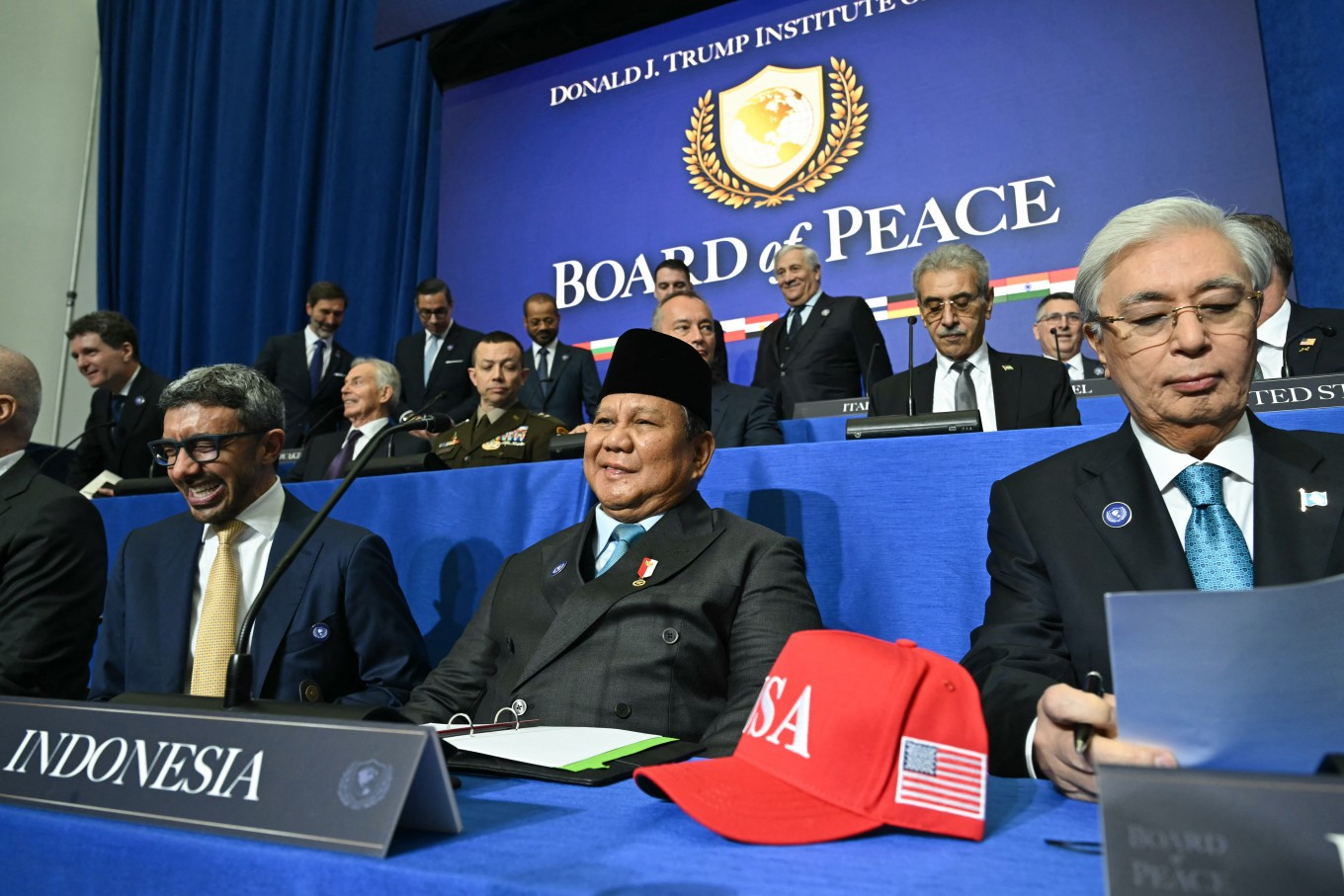Indonesia's President Prabowo Subianto (front center) and Kazakhstan's President Kassym-Jomart Tokayev (front right) attend the inaugural meeting of the &ldquo;Board of Peace&rdquo; hosted by United States President Donald Trump on Feb. 19 at the US Institute of Peace in Washington, DC. 