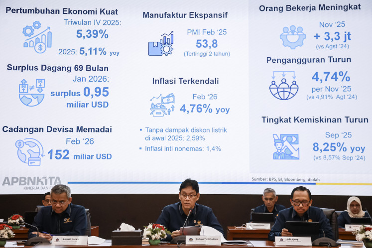 Finance Minister Purbaya Yudhi Sadewa (center), flanked by his deputy ministers Suahasil Nazara (left) and Juda Agung, addresses a press conference in Jakarta on March 11, 2026, to present the monthly &lsquo;Our State Budget&rsquo; (APBN Kita) report.
