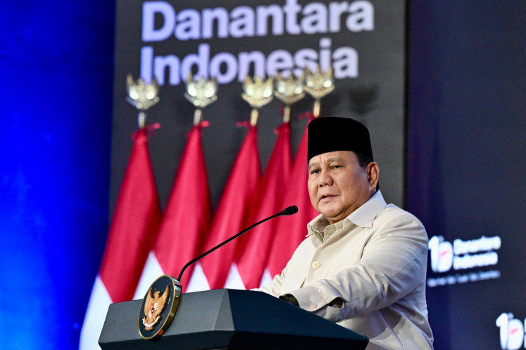 President Prabowo Subianto delivers a speech during Danantara&rsquo;s anniversary event at Wisma Danantara, Jakarta, on March 12, 2026.
