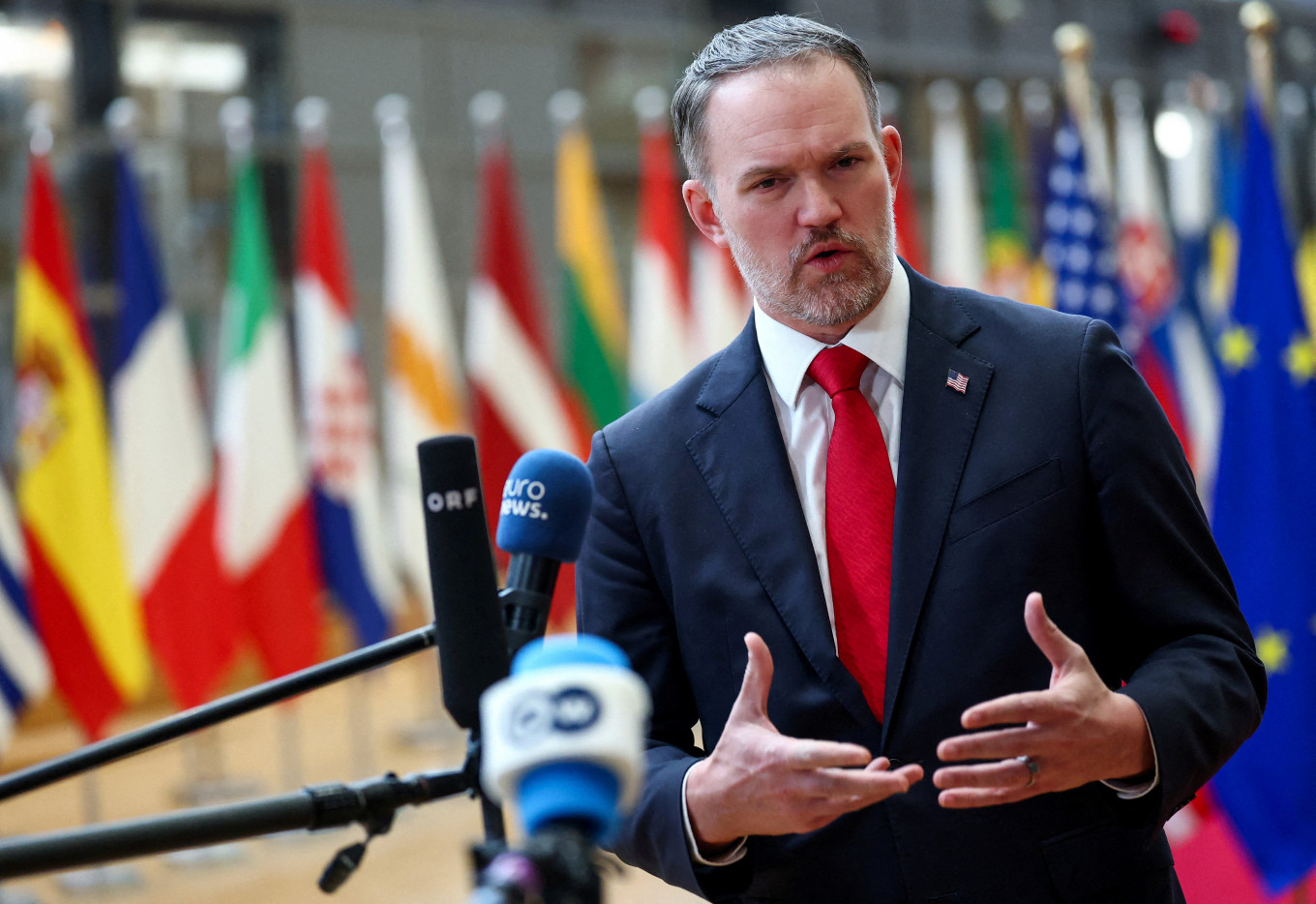 Trade talks: United States Trade Representative Jamieson Greer speaks to the media, on the day he attends a working lunch with European Union ministers responsible for trade, in Brussels, on Nov. 24, 2025.
