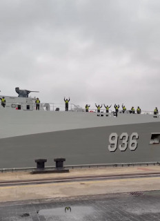 Crew of the Indonesian Navy's ship KRI Canopus wave on March 14 as they depart German shipyard Abeking & Rasmussen in Lemwerder, Bremen. The new oceano-hydrographic survey ship will take a longer route around the Cape of Good Hope on the southern tip of Africa following the outbreak of war caused by unprovoked attacks on Iran by the United States and Israel.