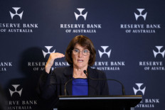 Reserve Bank of Australia Governor Michele Bullock reacts as she attends the monetary policy decision media conference, in Sydney, Australia, on April 1, 2025.