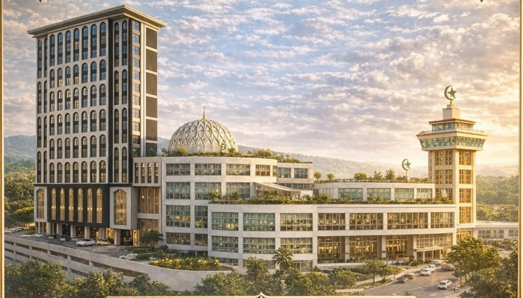 Sunlight illumines the Jabal Arafah Mosque and its integrated facility, including the highest building (left) of the Nagoya central business district in Batam city, Riau Islands province, in this artist's impression released by the mosque's Arafah Batam Foundation on March 21, 2026.