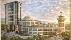 Sunlight illumines the Jabal Arafah Mosque and its integrated facility, including the highest building (left) of the Nagoya central business district in Batam city, Riau Islands province, in this artist's impression released by the mosque's Arafah Batam Foundation on March 21, 2026.