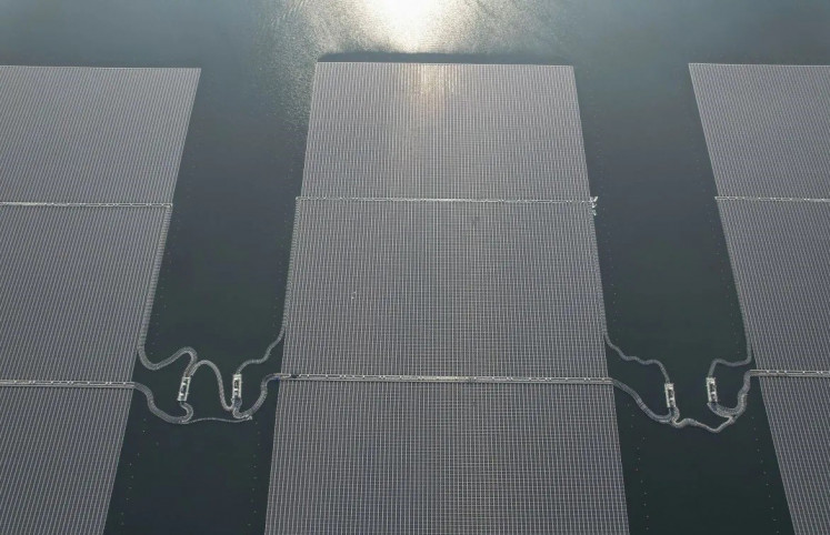 The floating panels of a solar power plant at Cirata Dam in Purwakarta regency, West Java, are seen from above on Sept. 26, 2023. 