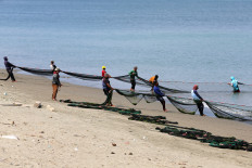 Traditional fishermen pull a beach seine net while fishing on March 26 along the coast of Kutaraja in Banda Aceh.