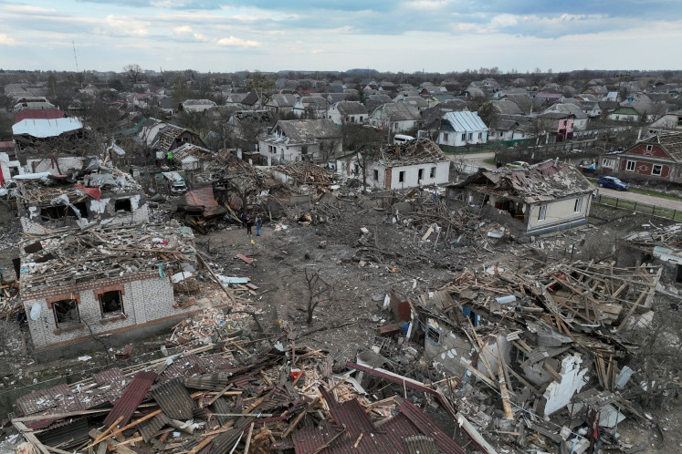 A drone view of the houses destroyed and heavily damaged during a Russian missile strike in the town of Korosten, Zhytomyr region, Ukraine on April 3, 2026 amid Russia's attack.