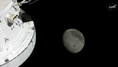 This screengrab from a NASA livestream shows the Orion spacecraft approaching the Moon on April 6, 2026. 