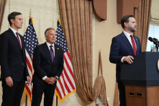United States Vice President JD Vance (right) speaks during a news conference after meeting with representatives from Pakistan and Iran as Jared Kushner (left), and Steve Witkoff, Special Envoy for Peace Missions listen on  Sunday, April 12, 2026, in Islamabad, Pakistan.