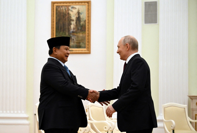 Russia&rsquo;s President Vladimir Putin greets President Prabowo Subianto during a meeting at the Kremlin in Moscow, Russia, April 13, 2026. 