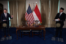 United States Defense Secretary Pete Hegseth (left) delivers remarks on April 13, 2026, during a visit by Defense Minister Sjafrie Sjamsoeddin at the Pentagon, in Virginia, the US.