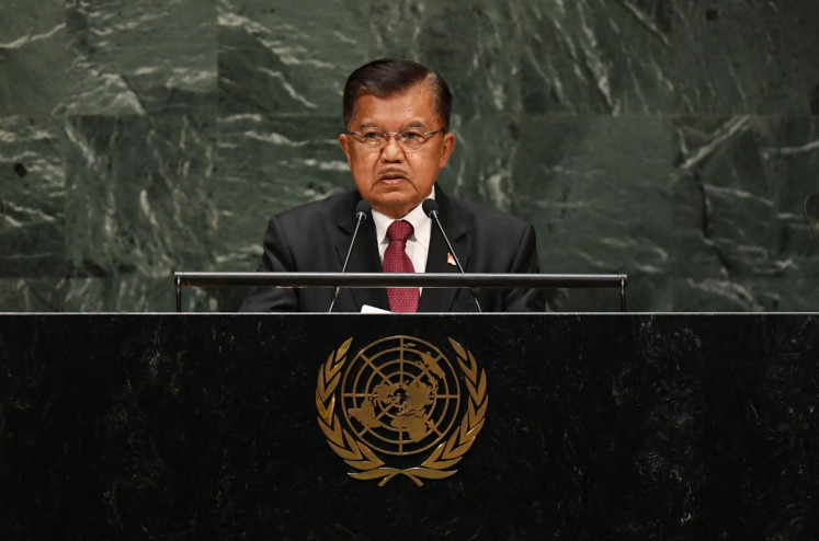Then Vice President Jusuf Kalla speaks on Sept. 27, 2019, during the 74th Session of the General Assembly at the United Nations Headquarters in New York, the United States.
