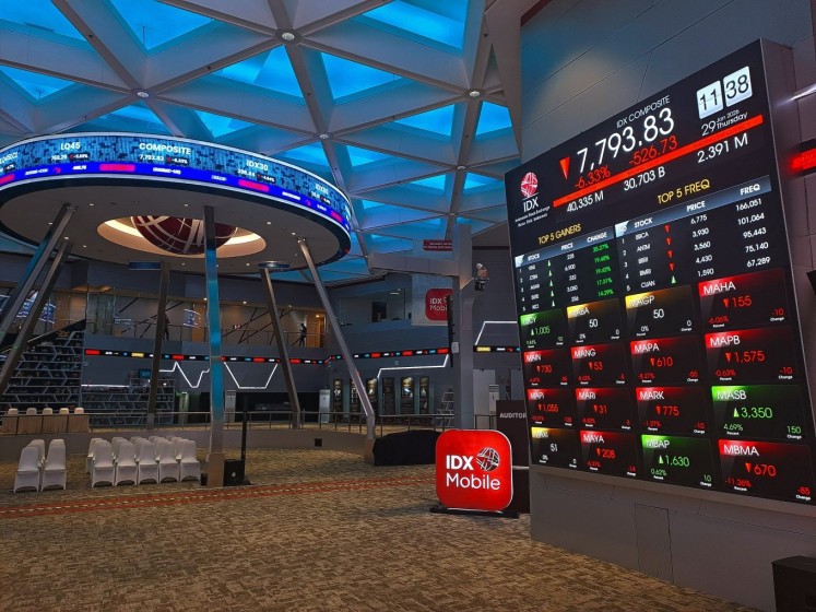 Red alert: An electronic display board inside the main hall of the Indonesia Stock Exchange (IDX) in South Jakarta shows an overall downward movement across most stocks during the lunch break on Jan. 29, 2026, when the IDX Composite index fell 6.3 percent after global investment firm MSCI raised concerns about free float and trading transparency. 