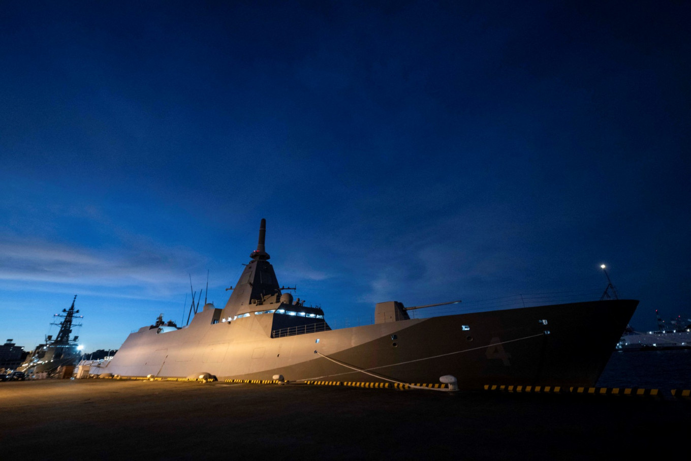 Japan Maritime Self-Defense Force (JMSDF) Mogami-class stealth frigate JS Mikuma is seen anchored at the JMSDF naval base in Yokosuka, Kanagawa Prefecture, Japan on Sept. 5, 2025.
