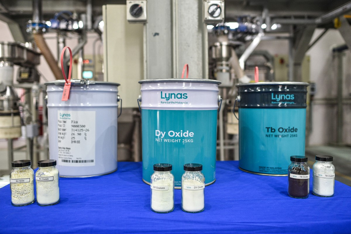 This photo shows samples of rare earth compounds during a visit of the facility of Australian mining firm Lynas in eastern Malaysia's Gebeng on April 8, 2026. 