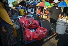 A becak (pedicab) driver delivers fish packed in plastic bags on Oct. 9, 2025, at a traditional fish market in Surabaya, East Java. 