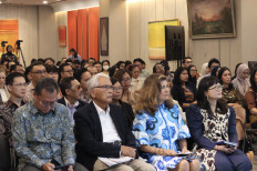 (From left to right): Executive director of Center for Strategic and International Studies (CSIS) Jose Rizal Damuri, chair of CSIS board of directors Djisman Simandjuntak, economist Gabriela Ramos and Deputy Minister of Higher Education, Science and Technology Stella Christie listen on Wednesday as a moderator opens the Digital Lecture Series.