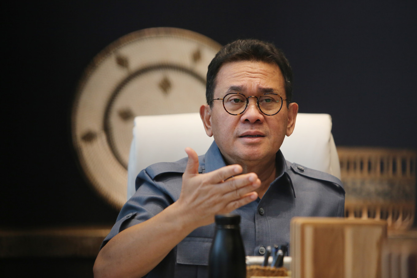 Trade Minister Budi Santoso gestures while speaking during a special interview with The Jakarta Post on April 22, 2026, at the Trade Ministry office in Jakarta.