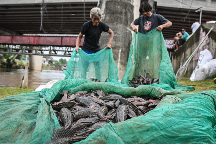 Two men carry captured janitor fish on April 17, 2026, in nets during a Ciliwung River cleanup operation in Cililitan, East Jakarta. The Jakarta provincial administration declared war on the invasive fish, which thrives in heavy-polluted rivers across the city.