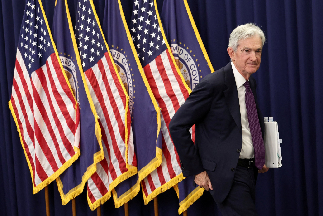 US Federal Reserve Chair Jerome Powell departs following his final press conference following a two-day meeting of the Federal Open Market Committee (FOMC), at the US Federal Reserve in Washington, DC, on April 29, 2026.