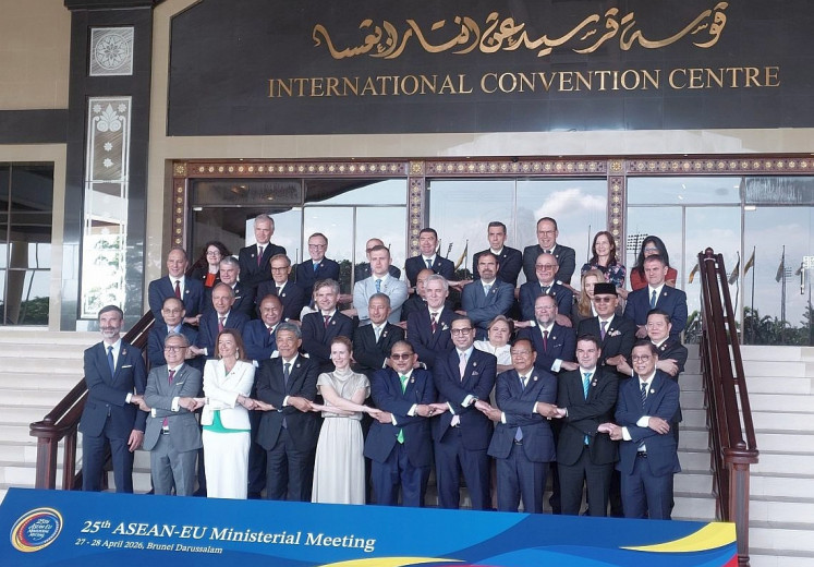 ASEAN and EU ministers and representatives
pose for a photo for the 25th ASEAN-EU Ministerial Meeting on April 28, 2026, in Bandar Seri Begawan.