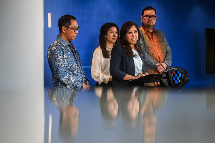 Restriction compliance: Communications and Digital Minister Meutya Hafid (second right) speaks on April 28, 2026, during a press briefing on the compliance with the PP Tunas regulation at the Communications and Digital Ministry in Jakarta.