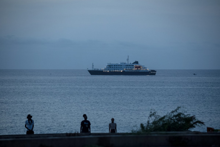 A general view of the cruise ship MV Hondius, while stationary off the port of Praia, the capital of Cape Verde, on May 6, 2026. 
