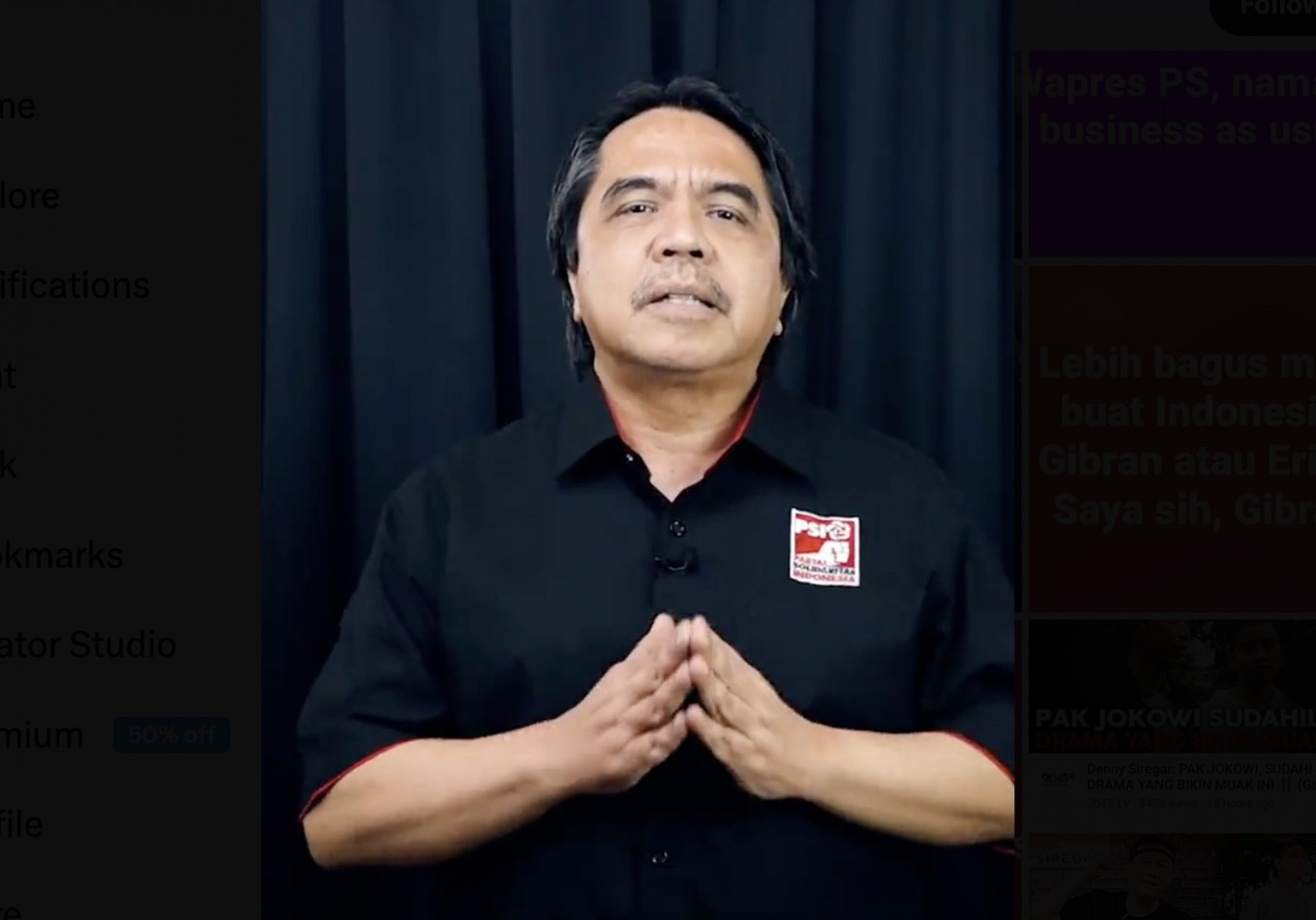 A screenshot shows Ade Armando, Indonesian Solidarity Party (PSI) member, in a short video on Oct. 20, 2023. 