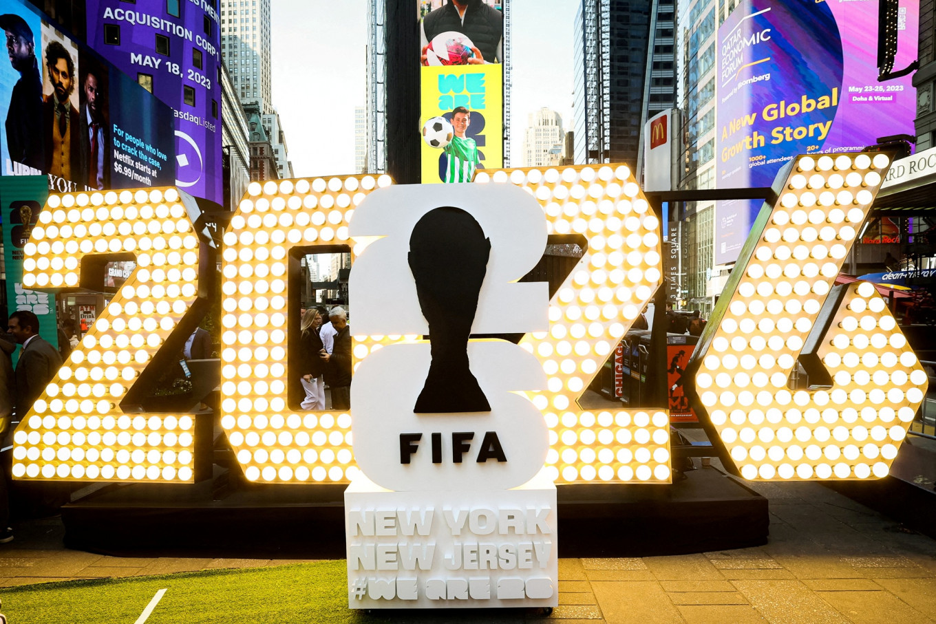FIFA World Cup 2026 logo is revealed during the kickoff event at Times Square in New York City, the United States, on May 18, 2023.