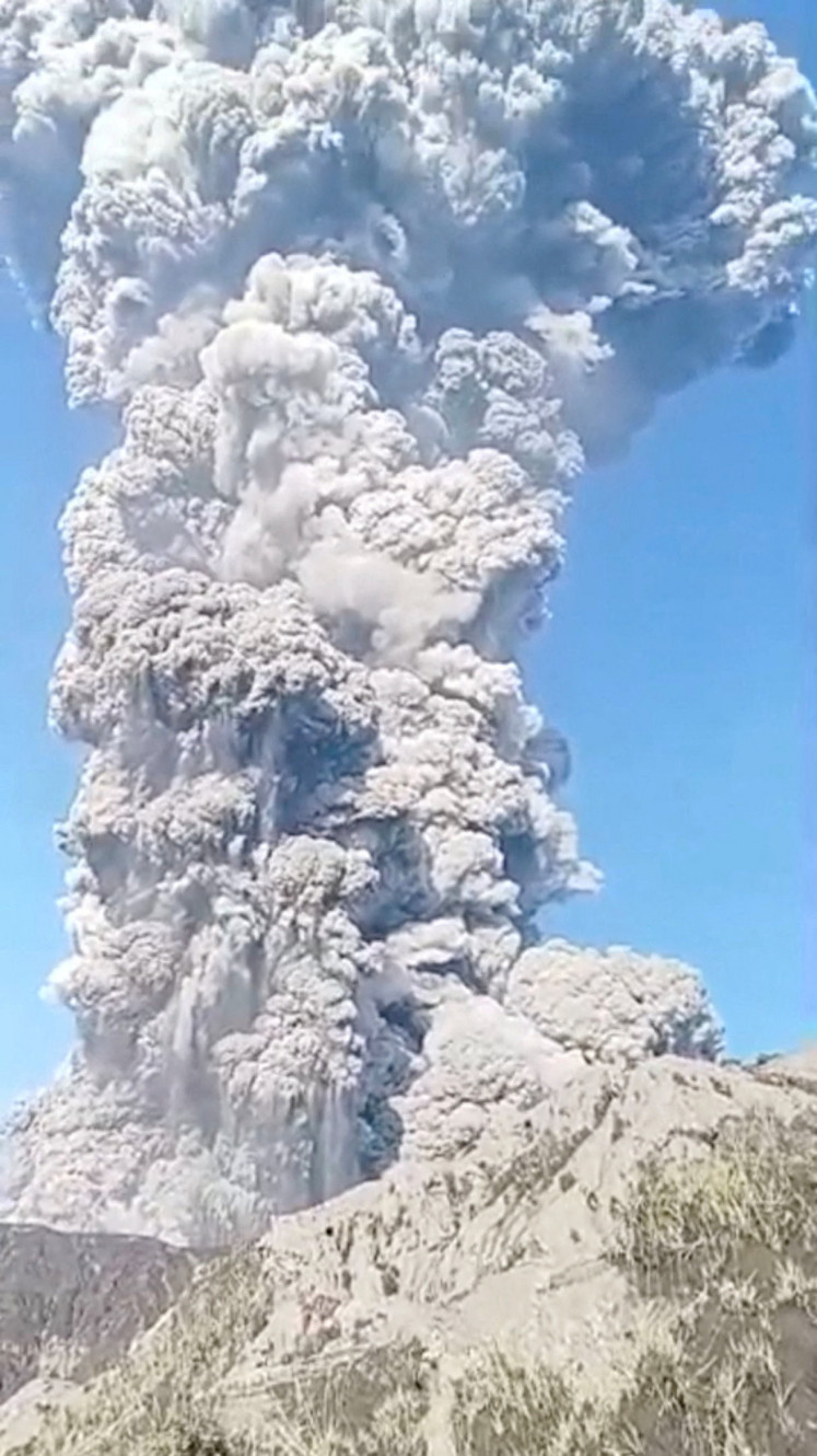 The volcanic eruption of Mount Dukono in North Halmahera regency, North Maluku, on May 8, 2026, in this screengrab obtained from a social media video.