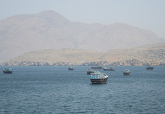 Vessels in a part of the Strait of Hormuz in Musandam, Oman, on May 8, 2026.