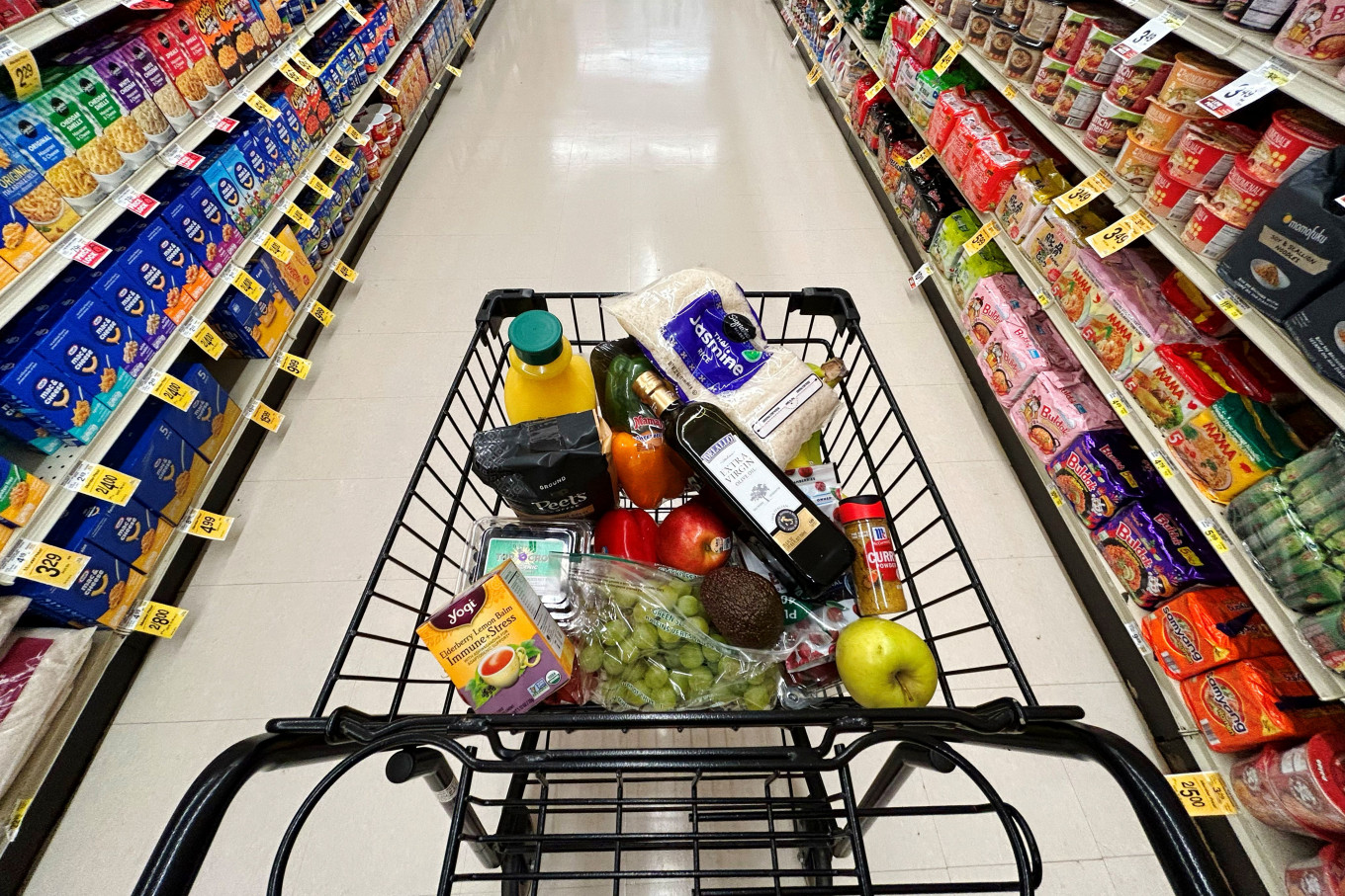 This illustration photo shows a shopping cart at a store in Annapolis, Maryland, US, on April 4, 2025.
