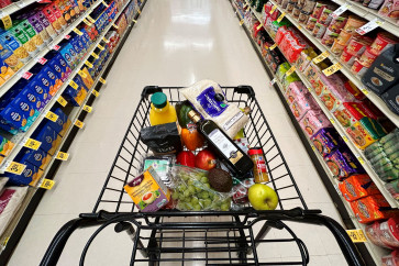 This illustration photo shows a shopping cart at a store in Annapolis, Maryland, US, on April 4, 2025.