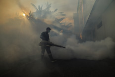 A Ternate Health Agency official sprays insecticide with a fogging machine at the city's haj dormitory in Ternate, North Maluku on April 22, 2026. Officials sprayed insecticide in bedrooms, parks and drains to prevent Aedes aegypti mosquitoes, the main vector of dengue, from flourishing.