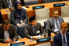 Indonesian Forestry Minister Raja Juli Antoni (center) talks during the United Nations Forum on Forests (UNFF21) on May 11 at the UN headquarters in New York City, the United States. Raja Juli said Indonesia managed to reduce forest and land fires by 86 percent in the past decade.