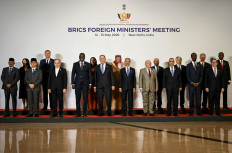 (Left-right, front) Indonesia's Foreign Minister Sugiono, Iran's Foreign Minister Abbas Araghchi, South Africa's Foreign Minister Ronald Lamola, Russia's Foreign Minister Sergey Lavrov, India's Foreign Minister Subrahmanyam Jaishankar, Brazil's Foreign Minister Mauro Vieira, Egypt's Foreign Minister Badr Abdelatty, Ethiopia's Foreign Minister Gedion Timothewos and Cuba's Foreign Minister Bruno Rodr&iacute;guez Parrilla pose for a family photograph with delegates of partner countries during the BRICS Foreign Ministers meeting at the Bharat Mandapam in New Delhi on May 14, 2026. 