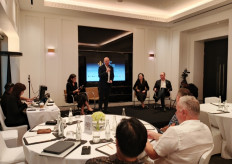 Moderator David Johnson introduces the speakers (left to right): Sherona Shng, Regional Vice President of Operations, Asia, Langham Hospitality Group and Jesper Palmqvist, Regional Vice President, Asia Pacific, STR, prior to the Indonesia Tourism Xchange 2026 (ITX 2026) talk show on May 12 at The Langham, Jakarta. The discussion focused on luxury tourism trends and STR data on Indonesia&rsquo;s luxury hotel market.