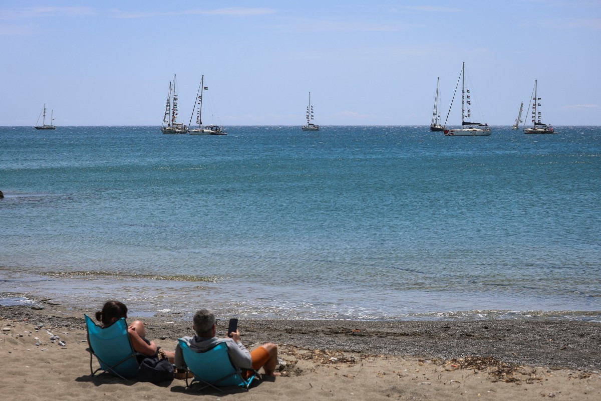 This photograph shows vessels from the Global Sumud Flotilla, intercepted by the Israeli Navy in international waters, outside the town of Ierapetra in the island of Crete, Greece, on May 1, 2026. 