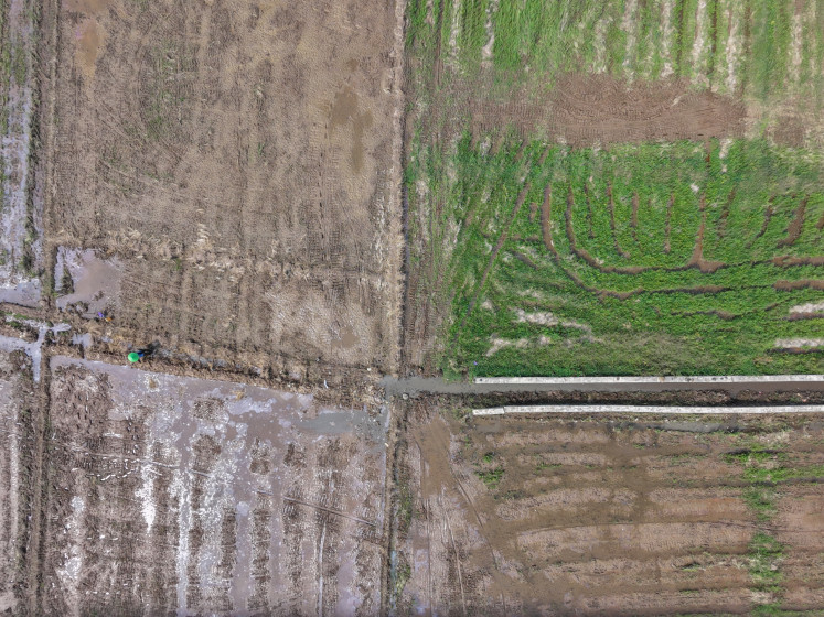 Farmers loosen soil using water flow from an irrigation canal in Batang regency, Central Java, in an aerial photo released on May 19, 2026. Agriculture Minister Andi Amran Sulaiman has said the government is allocating around Rp 5 trillion (US$282.28 million) for irrigation programs and the distribution of superior seeds to address potential drought caused by the upcoming El Ni&ntilde;o weather system.