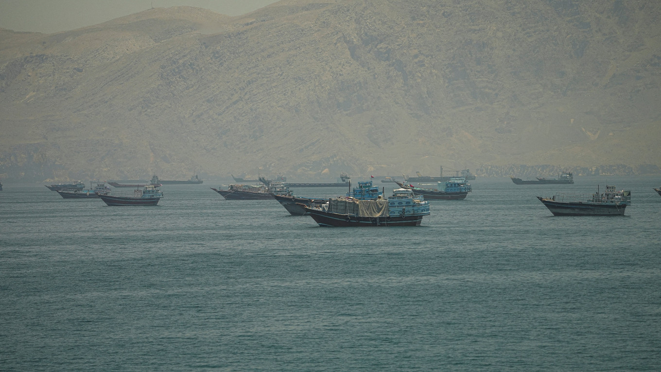 Vessels anchored at the Strait of Hormuz, as seen from Musandam, Oman, on May 25, 2026.