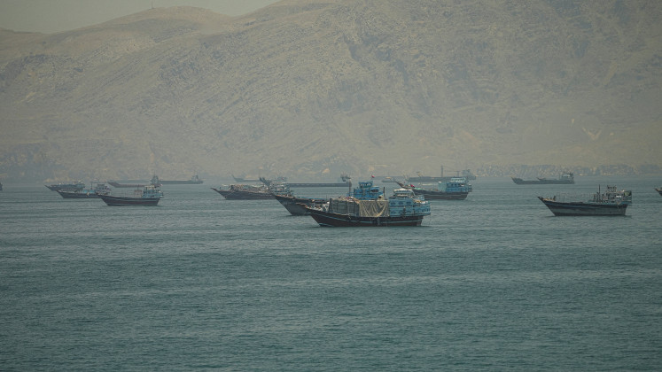 Vessels anchored at the Strait of Hormuz, as seen from Musandam, Oman, on May 25, 2026.