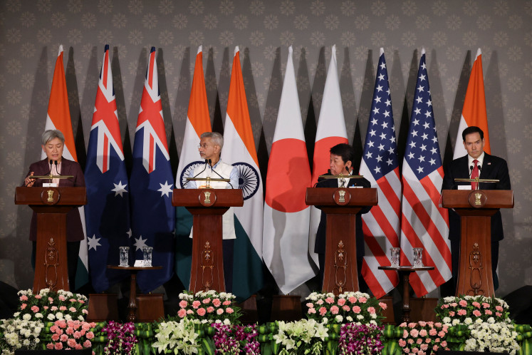  US Secretary of State Marco Rubio, Australian Foreign Minister Penny Wong, Japanese Foreign Minister Toshimitsu Motegi and Indian Foreign Minister Subrahmanyam Jaishankar attend a joint press conference after attending the Quad Foreign Ministers' meeting at the Hyderabad House in New Delhi, India, May 26, 2026.
