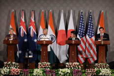  US Secretary of State Marco Rubio, Australian Foreign Minister Penny Wong, Japanese Foreign Minister Toshimitsu Motegi and Indian Foreign Minister Subrahmanyam Jaishankar attend a joint press conference after attending the Quad Foreign Ministers' meeting at the Hyderabad House in New Delhi, India, May 26, 2026.
