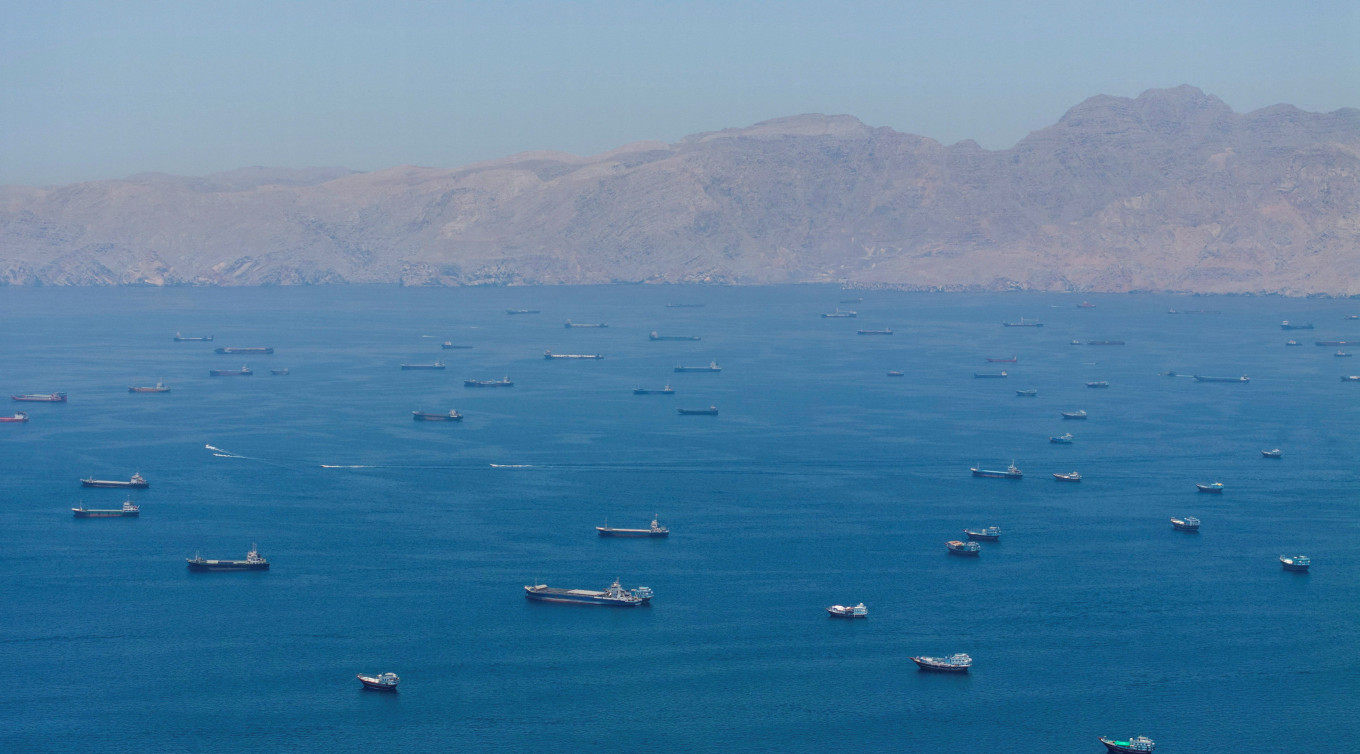 A drone view shows vessels anchored at the Strait of Hormuz, as seen from Musandam, Oman, May 25, 2026. 