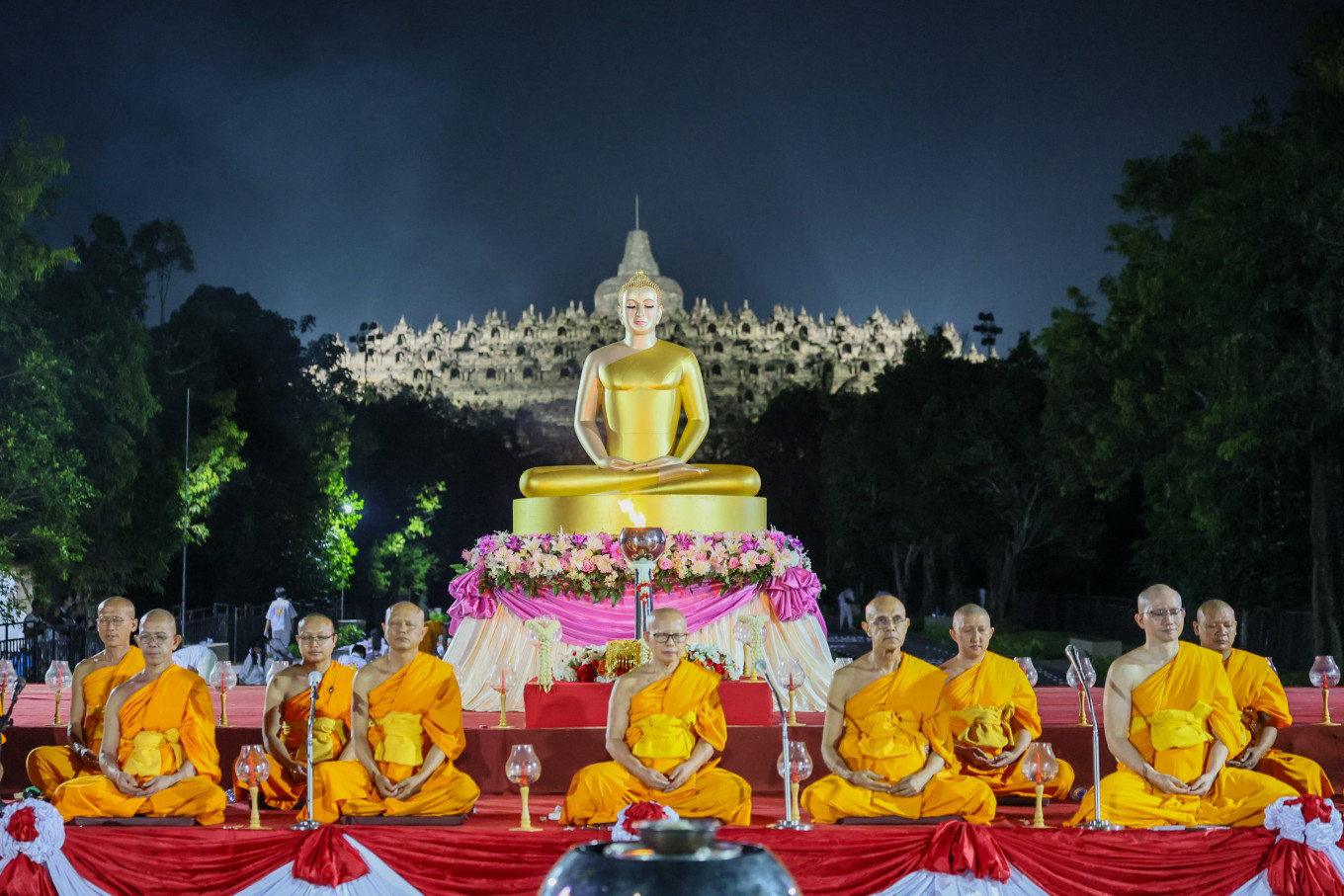Buddhist monks meditate on May 31 at the foot of Borobudur Temple in Magelang, Central Java, as part of the Waisak celebration marking the year 2,570 in the Buddhist Era.