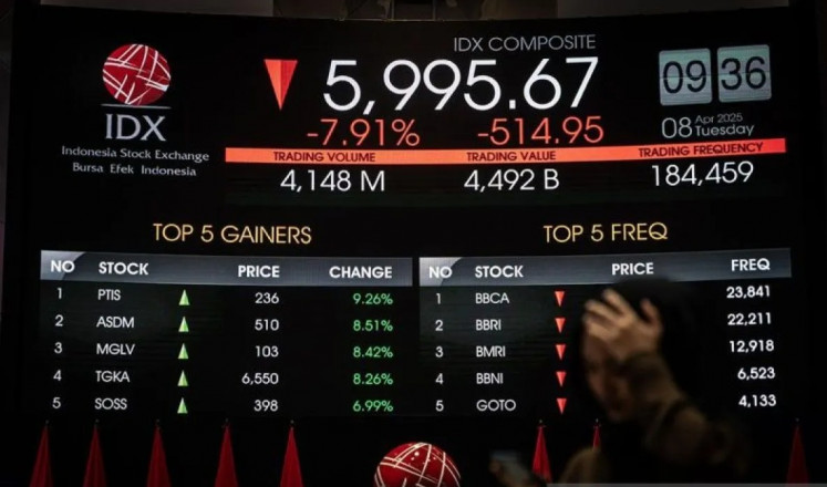 A woman places a hand on her head in front of an electronic information display on April 8, 2025, showing movements of the Indonesia Stock Exchange (IDX) Composite index at the IDX headquarters in Kebayoran Baru, South Jakarta.